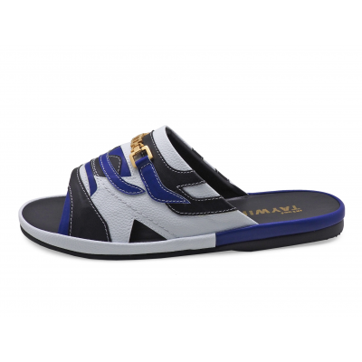 Men Sandals SKF-38 Black&Blue Nappa-White Pebble grain Microfiber Leather